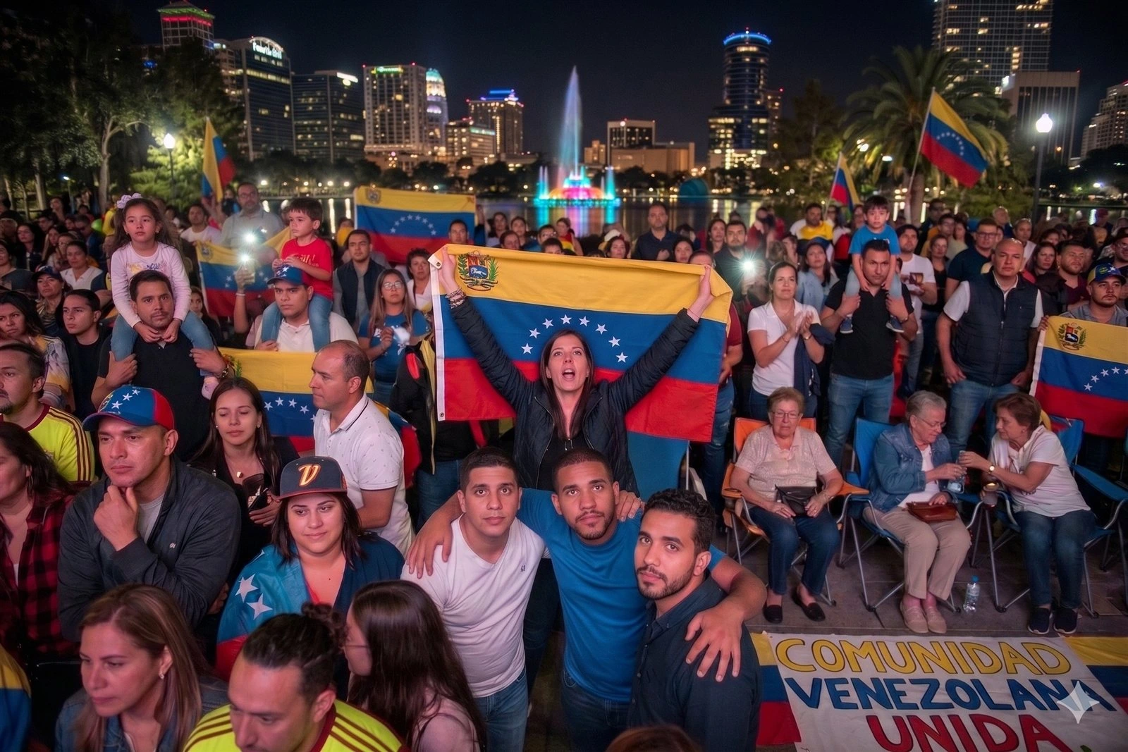 A large crowd of Venezuelan community members gathered outdoors, many holding Venezuelan flags, with a sign reading Comunidad Venezolana Unida